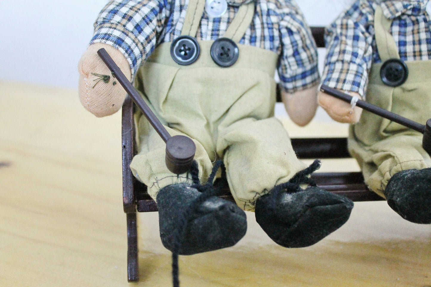 Two old men with hammers on a bench - vintage handmade Germany dolls - 1980s