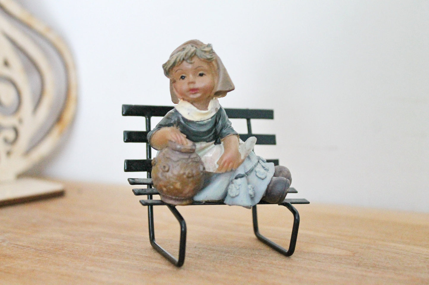 Vintage solid clay small figurine - A girl on a bench - 3 inches - Germany statue - vintage Germany clay vintage figurine - 1980s