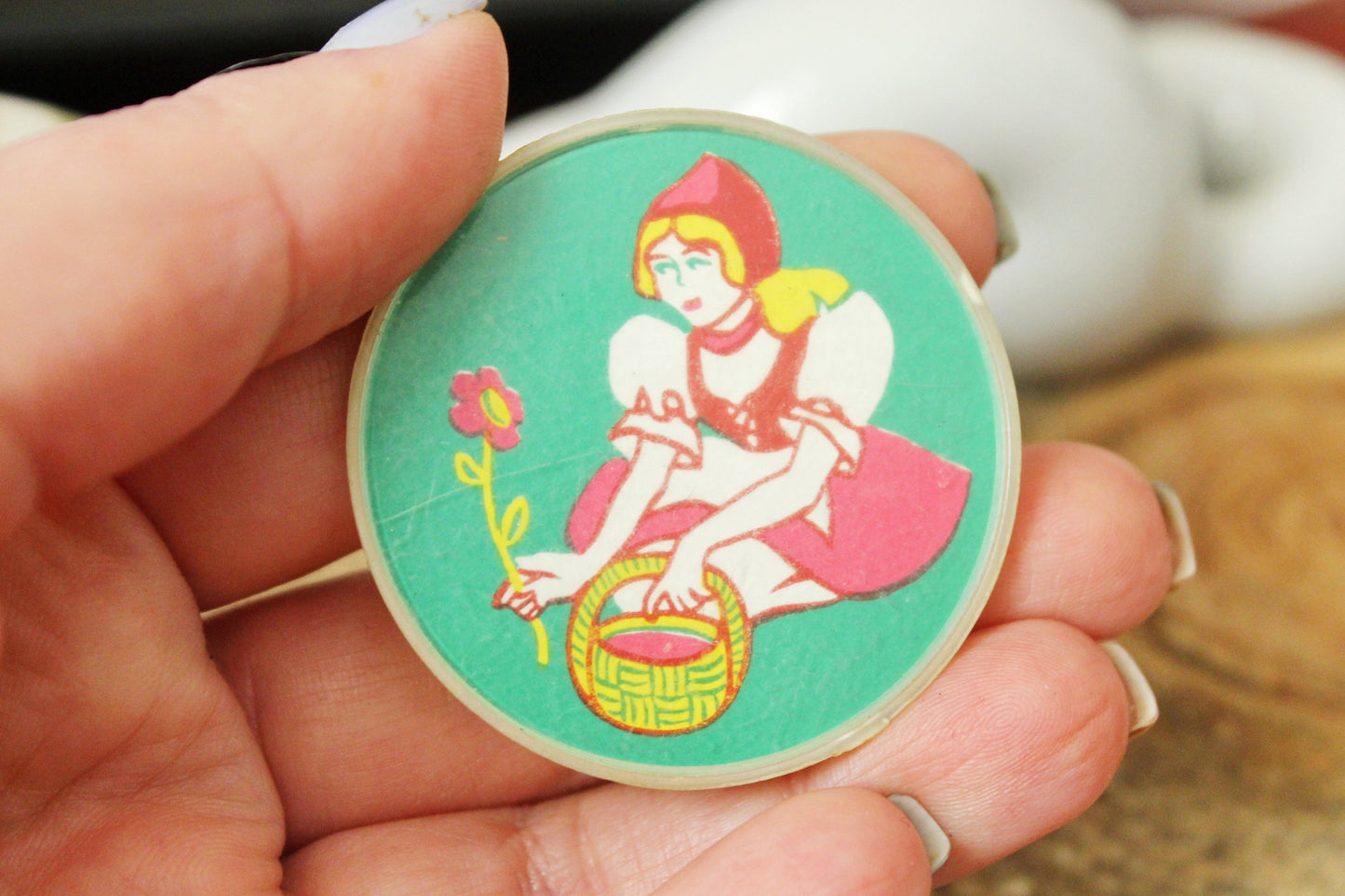 Children's round plastic pin badge - Red Riding Hood 1.9 inches - cartoon hero, made in USSR, 1970-1980s