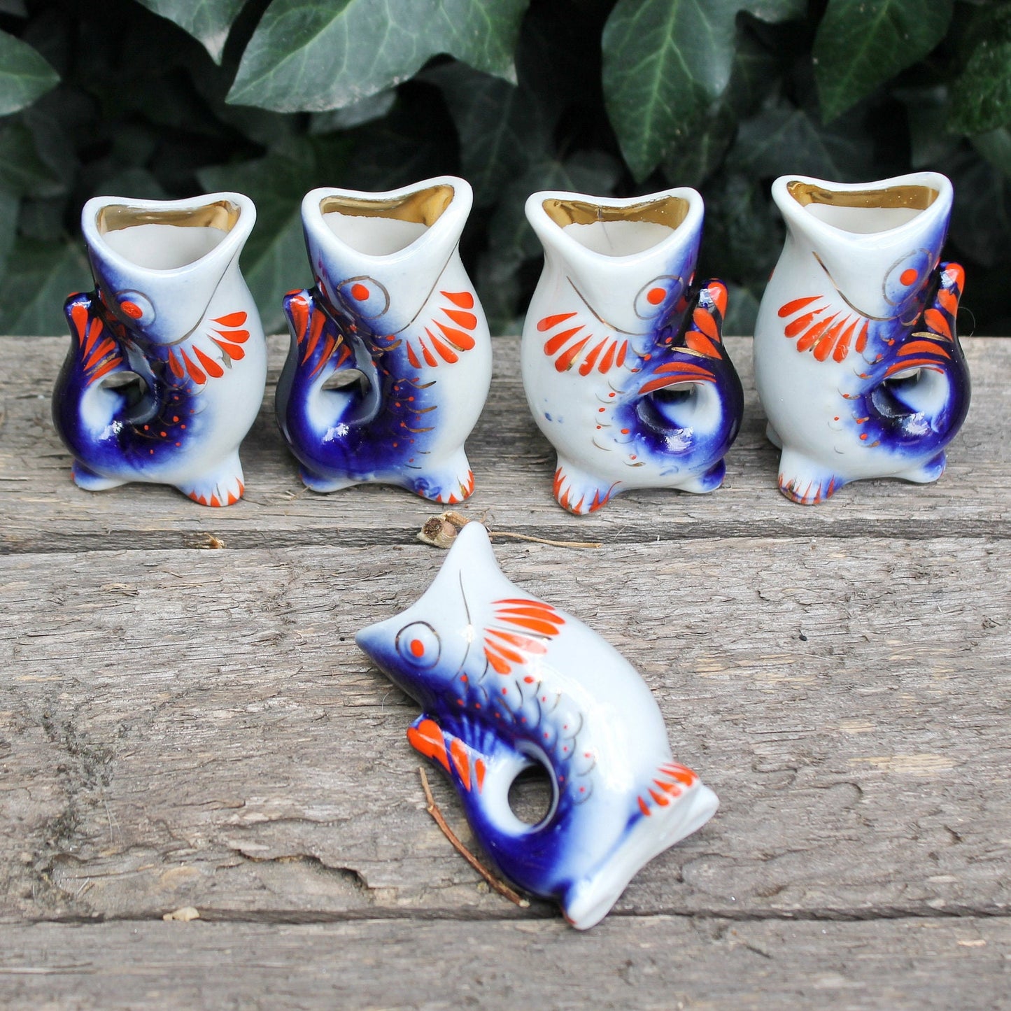 Vintage Ceramic Drinking Set of 5 small fishes - The family of carp - White and Blue - 1970s - from USSR / Soviet Union / Soviet Ukraine