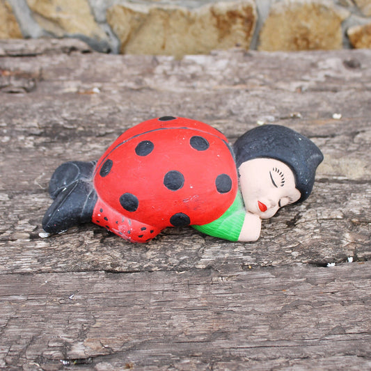 Vintage handmade clay Lady Bug sleeping baby - 7.5 inches - made in Germany - 1980-1990s - home decor figurine