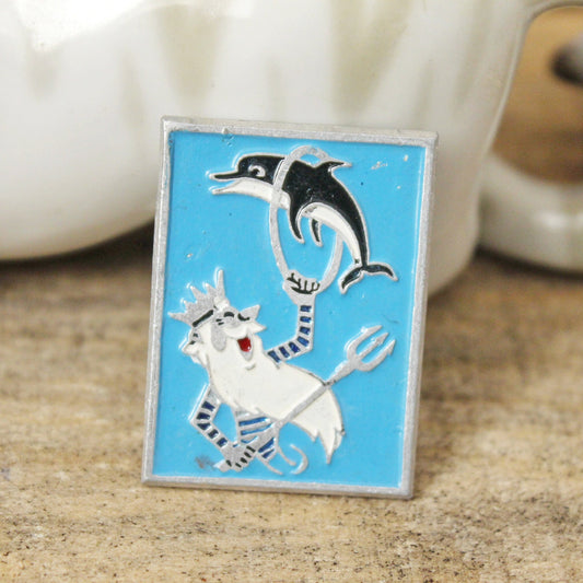 Vintage soviet children's pin badge - Sea King with dolphin - animal, fairytale, made in USSR, 1970s