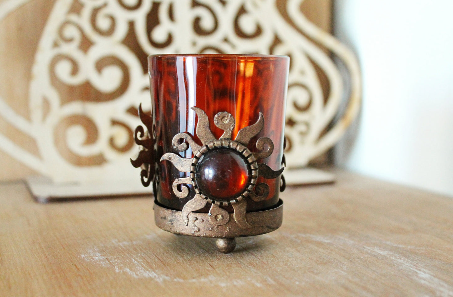 Vintage shabby chick small Candle holder - copper and glass - 3 inches - Germany vintage - 1970s