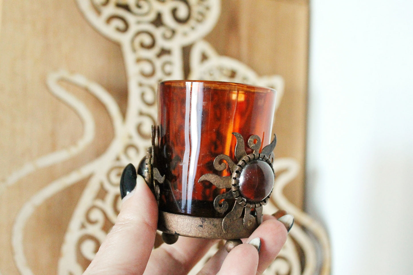 Vintage shabby chick small Candle holder - copper and glass - 3 inches - Germany vintage - 1970s