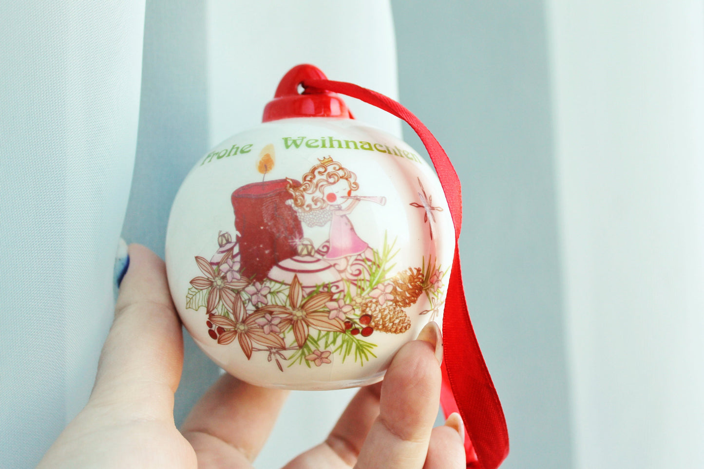 Christmas tree porcelain ball - 3.1 inch - Christmas ornament - New Year Ornament, Made in Germany - 1980s