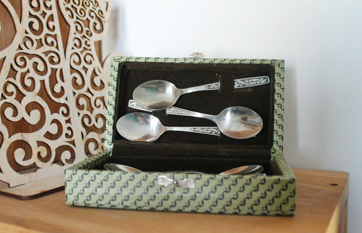 Set of 6 vintage stainless still coffee-tea spoons in original box - vintage ussr kitchen - coffee-tea spoons - 1970s