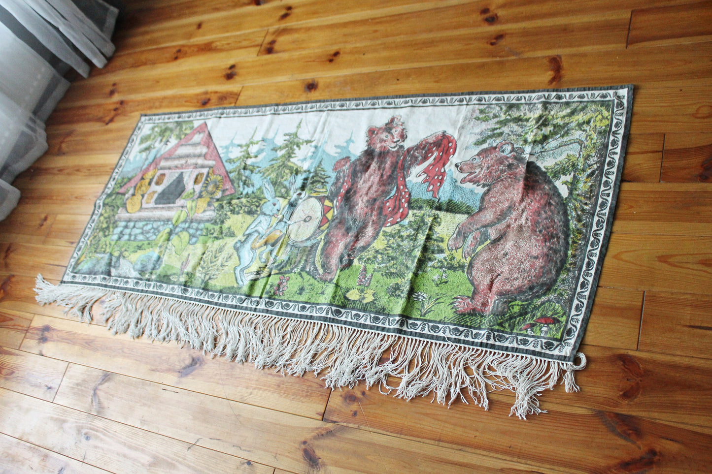 Vintage USSR big cotton tapestry "Fairy tail about bears and hares" - 65 inches - Wall Hanging Rug