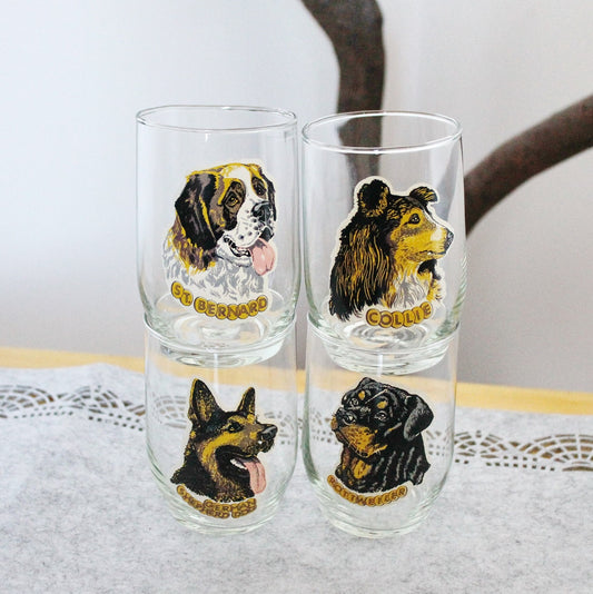 Set of 4 Vintage USSR Glasses with the different dogs applique - 4.3 inches - glasswares, housewares, 1970-s. Soviet Union. Holiday decor