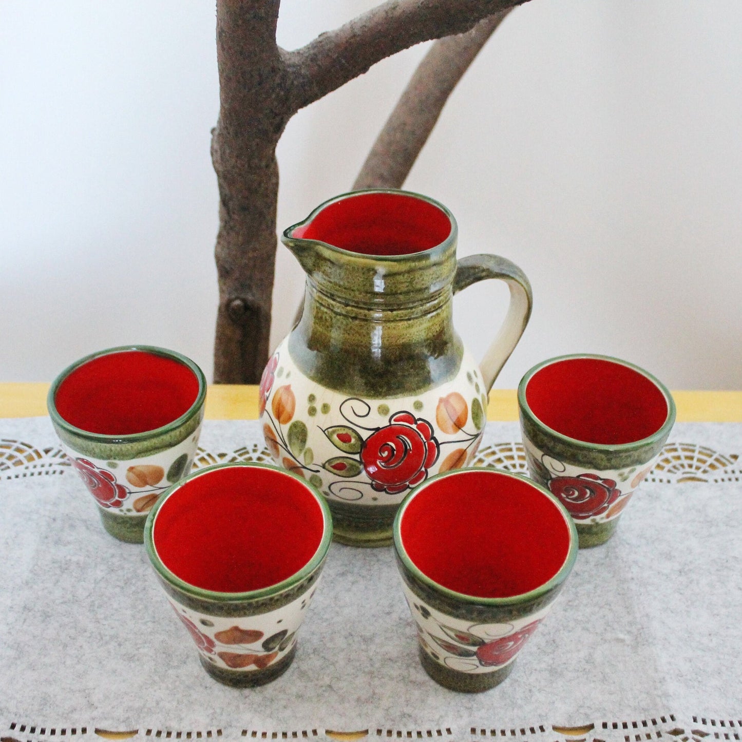 Big Pitcher and 4 glasses with flower ornament - Vintage Set - Germany porcelain - Schramberg Tirol vintage set