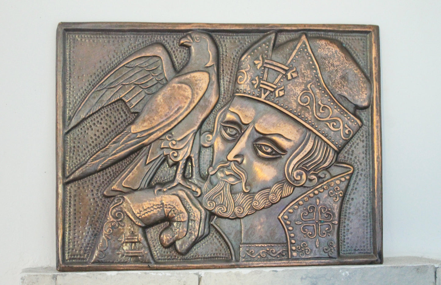 Wall stamping picture "The prince with the bird" - USSR chased wall plaque - brass wall art - rustic home decor metall picture