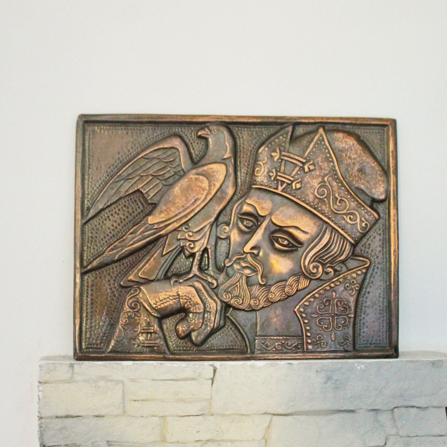 Wall stamping picture "The prince with the bird" - USSR chased wall plaque - brass wall art - rustic home decor metall picture