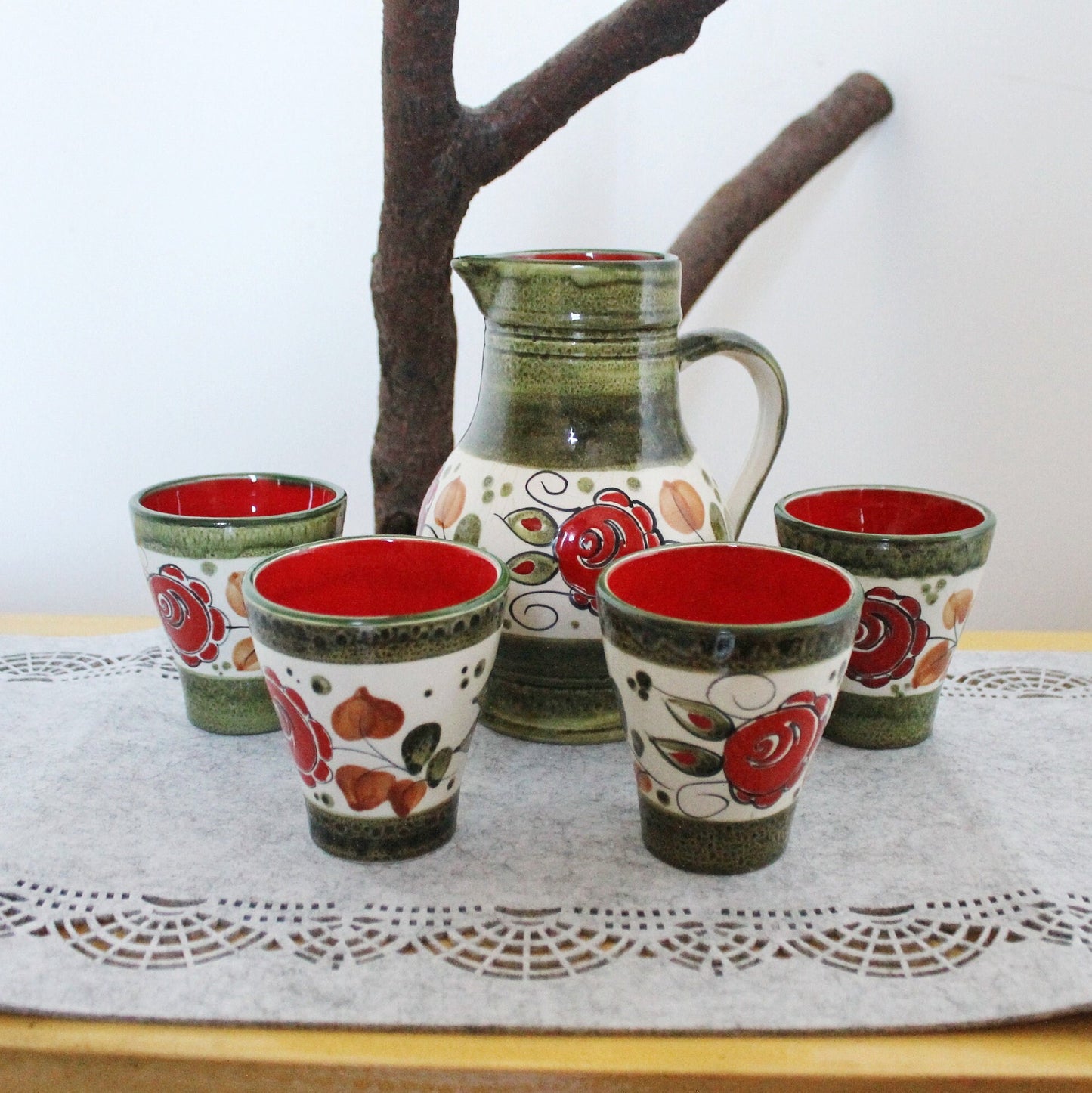 Big Pitcher and 4 glasses with flower ornament - Vintage Set - Germany porcelain - Schramberg Tirol vintage set